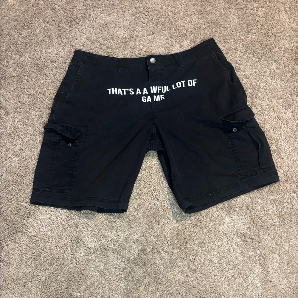 Black Cargo Shorts with White Text